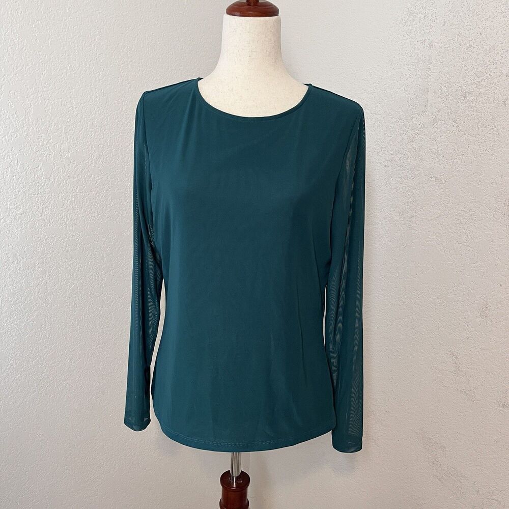 NWOT Kaileigh Women XL Jersey Knit Blouse Mesh Long Sleeve Blue Crew Neck Stretc